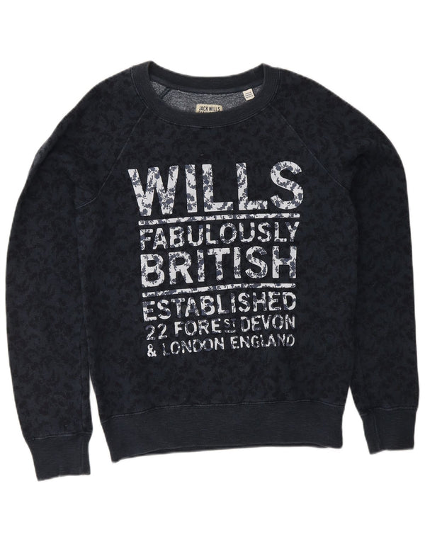 JACK WILLS Felpa con grafica da donna Maglione UK 8 Piccolo blu navy floreale
