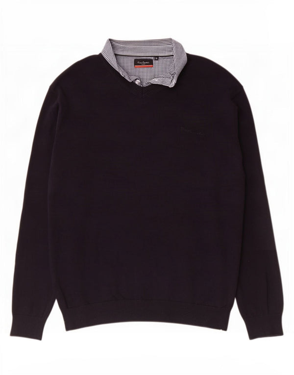 Maglione da uomo con scollo a V Pierre Cardin XL in cotone a quadri blu navy