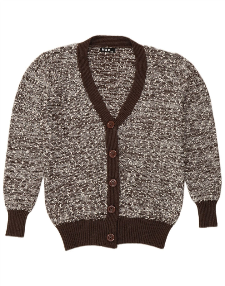 Maglione cardigan da donna vintage UK 16 grande poliammide screziato marrone