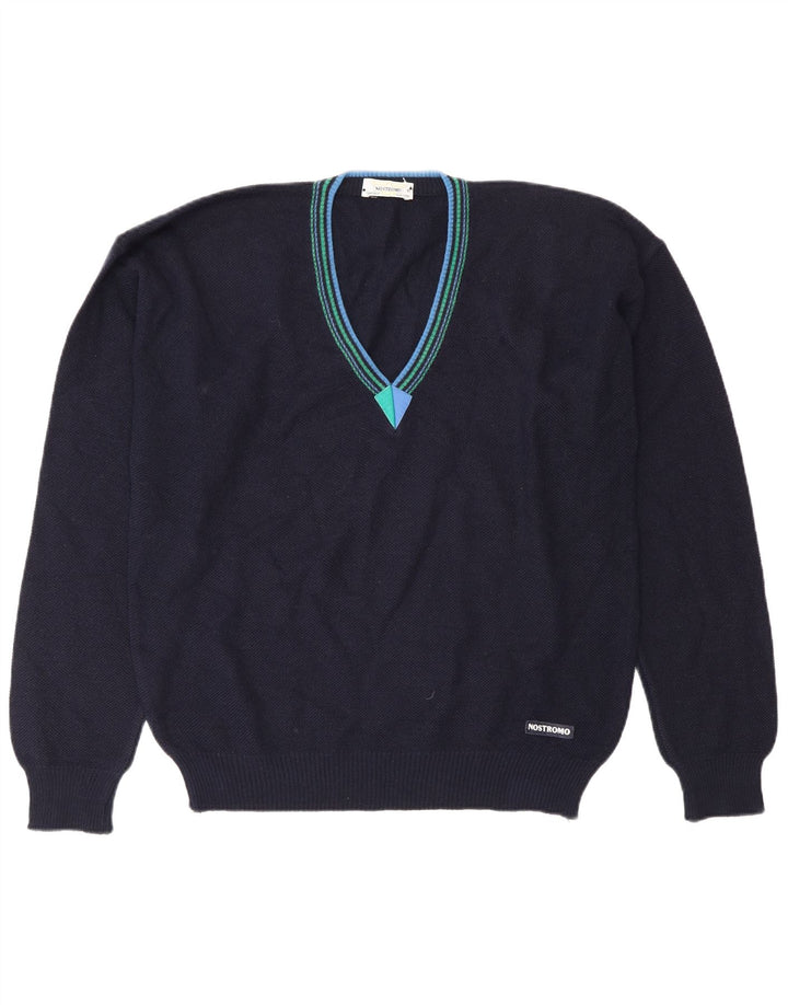 Maglione vintage da uomo con scollo a V IT 50 lana blu navy media