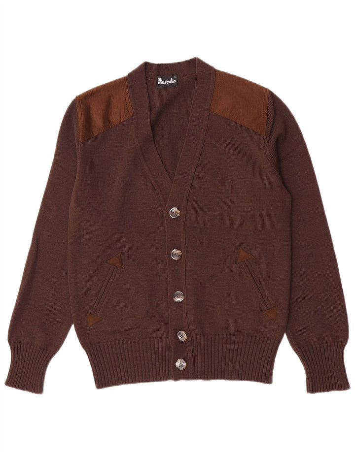 Maglione cardigan da uomo mascolino piccolo marrone in lana vergine