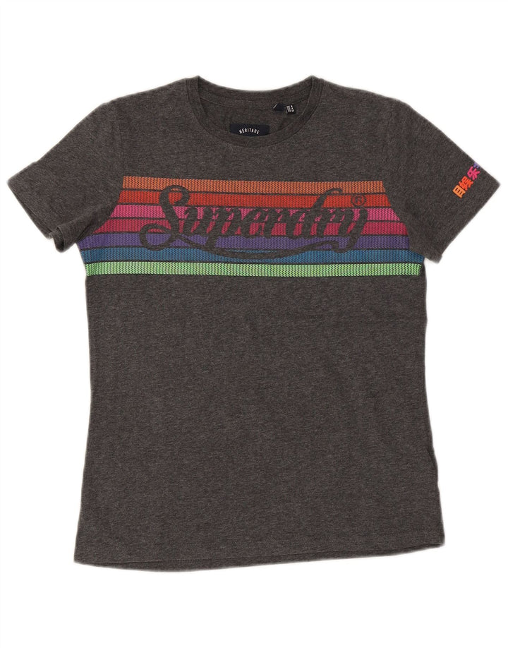 T-shirt grafica da donna Heritage SUPERDRY UK 8 piccola in cotone grigio