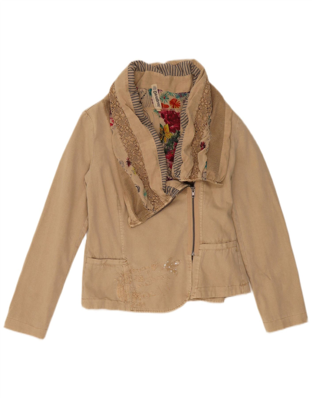 Desigual Giacca bomber corta da donna EU 36 Small Beige Colourblock Cotton