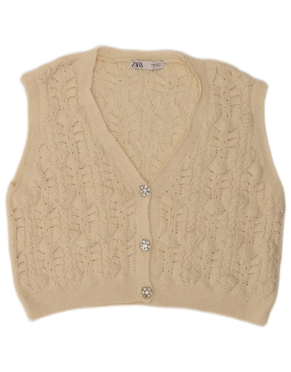 Maglione cardigan senza maniche corto da donna ZARA UK 14 Poliestere beige medio