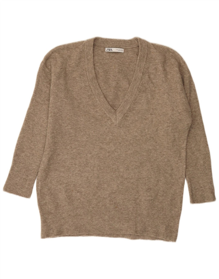 Maglione oversize con scollo a V da donna Zara UK 10 piccolo beige screziato