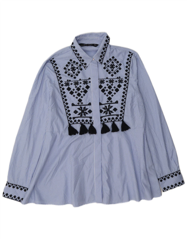 Camicia Zara da donna camicetta UK 14 poliestere gessato blu medio