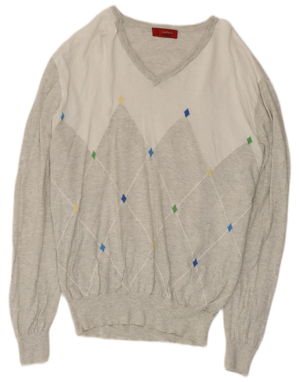 Maglione da uomo con scollo a V Luigi Bianchi, cotone grigio medio a rombi/diamante