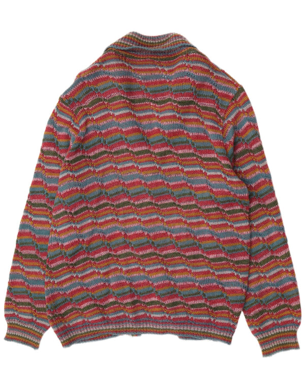 Maglione cardigan da uomo vintage in lana a righe multicolori di grandi dimensioni