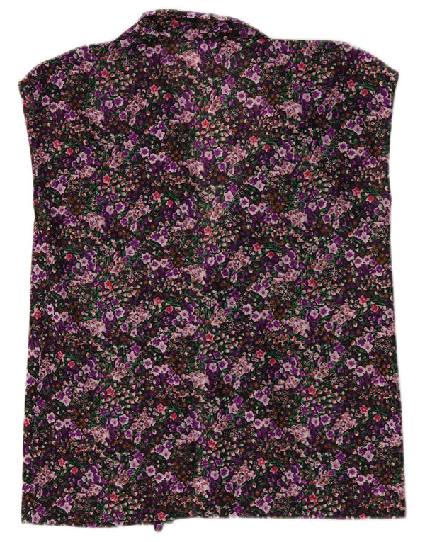 Top cardigan senza maniche vintage da donna UK 16 grande floreale multicolore