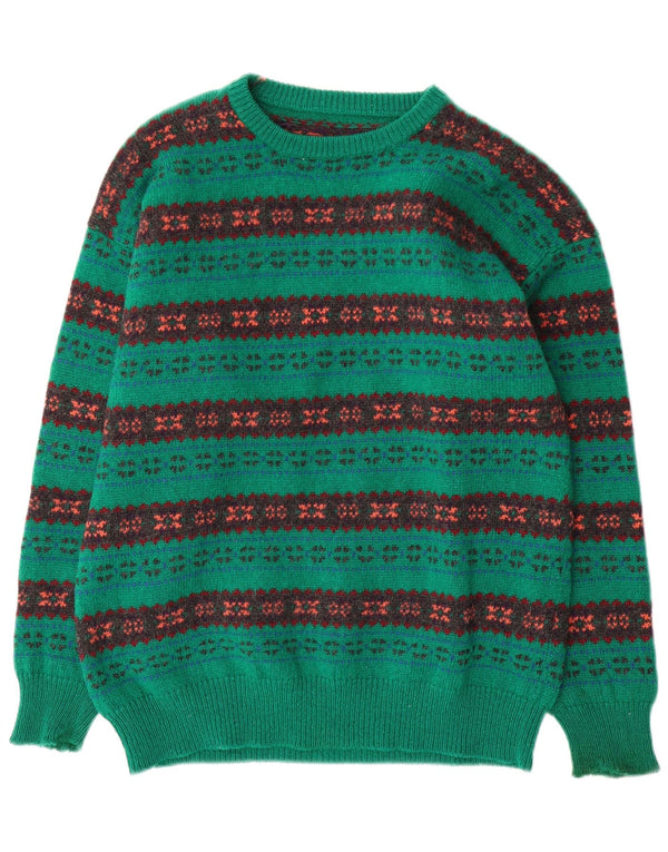 Maglione girocollo da uomo vintage in lana verde Fair Isle di grandi dimensioni