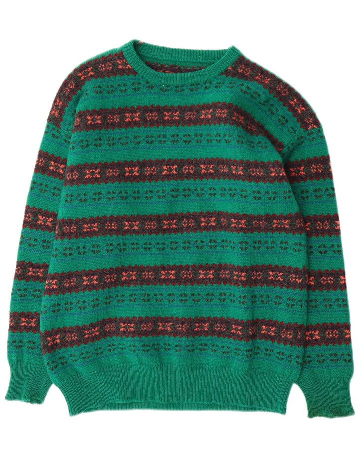 Maglione girocollo da uomo vintage in lana verde Fair Isle di grandi dimensioni