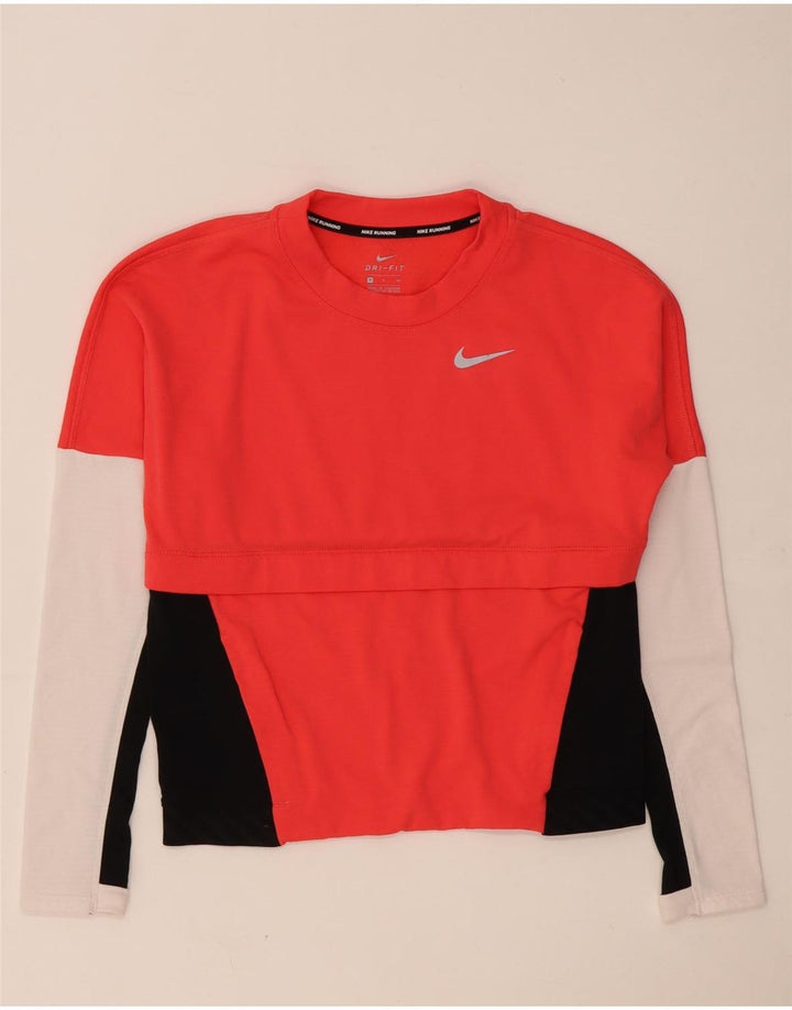 Nike Donna Dri Fit Top oversize a maniche lunghe UK 10 Small Rosso Colorblock