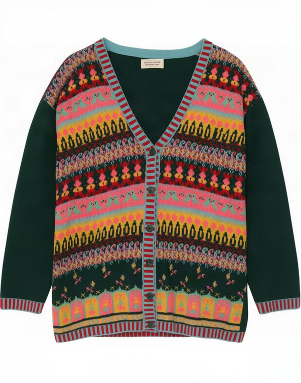 Maglione cardigan oversize da donna Benetton UK 10 Small Green Fair Isle Wool