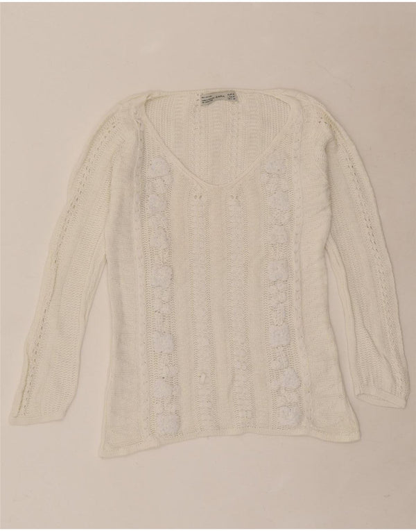 Maglione maglione con scollo a V da donna Zara UK 12 cotone floreale bianco sporco medio