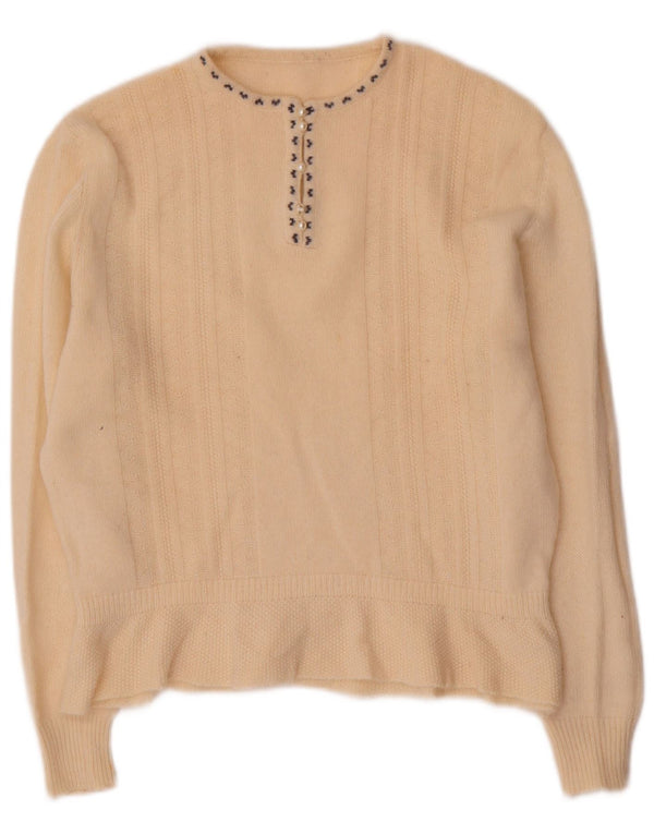 Maglione maglione girocollo da donna vintage UK 16 grande lana beige