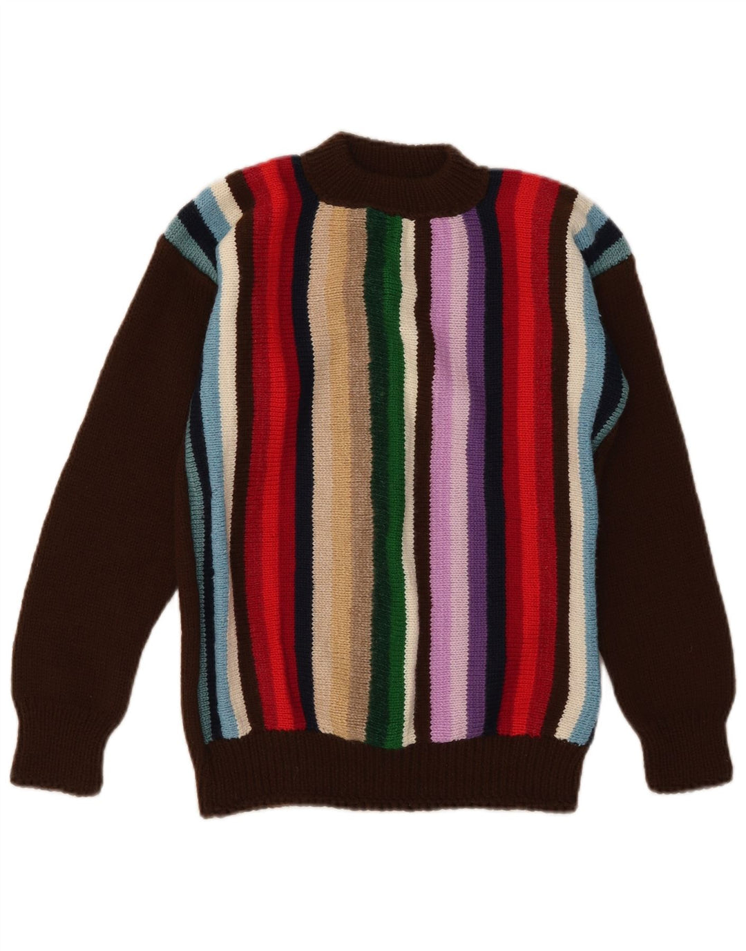 Maglione vintage da donna con collo dolcevita UK 8 piccolo a righe marroni