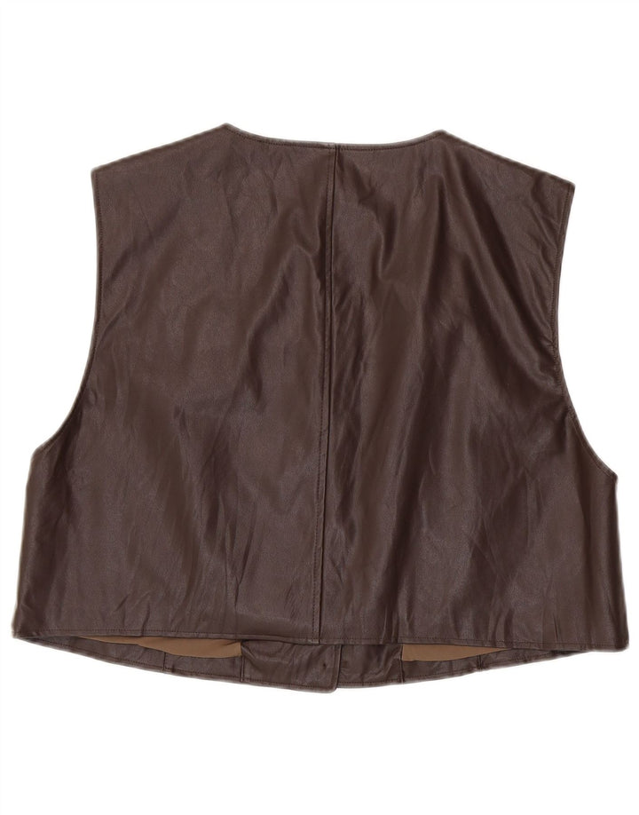 Gilet in pelle oversize corto da donna vintage UK 14 marrone medio