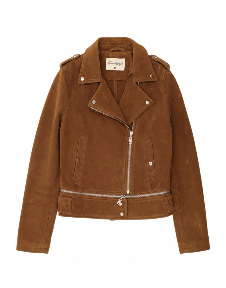 VINTAGE Womens Biker Jacket UK 14 Medium Brown Polyester Vintage Vintage and Second-Hand Vintage from Messina Hembry 