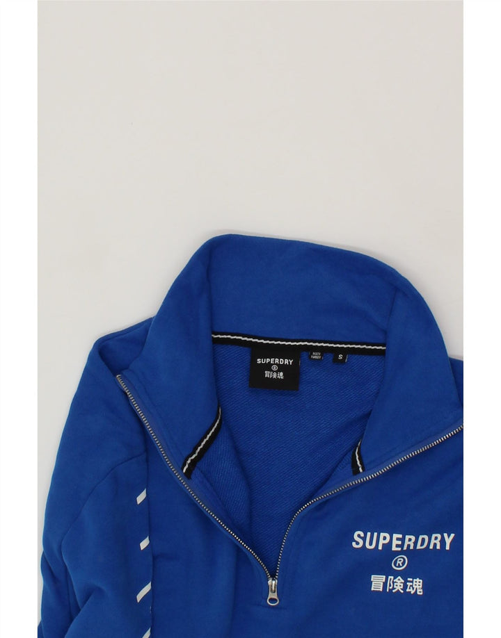 SUPERDRY Mens Graphic Zip Neck Sweatshirt Jumper Small Blue Cotton Vintage Superdry and Second-Hand Superdry from Messina Hembry 