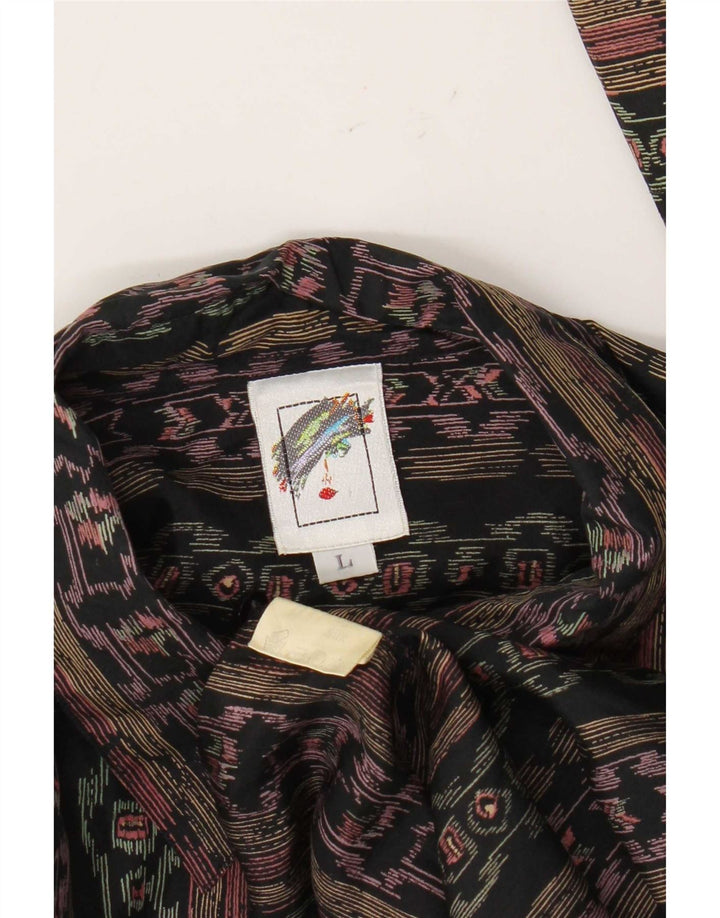 Camicia vintage da uomo grande in seta geometrica multicolore