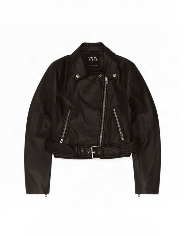 Giacca da motociclista in ecopelle corta Zara da donna UK 10 piccola poliestere nero