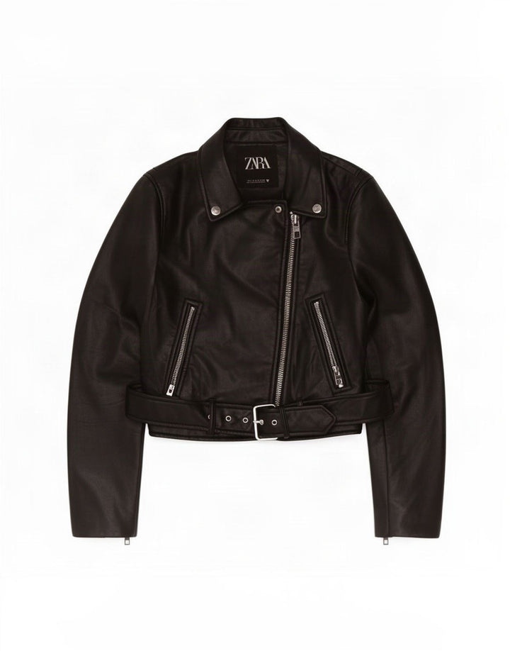 Giacca da motociclista in ecopelle corta Zara da donna UK 10 piccola poliestere nero