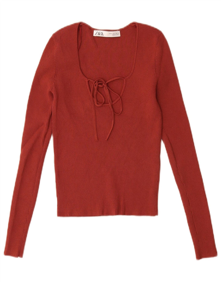 Top corto da donna Zara a maniche lunghe UK 8 Small rosso in viscosa