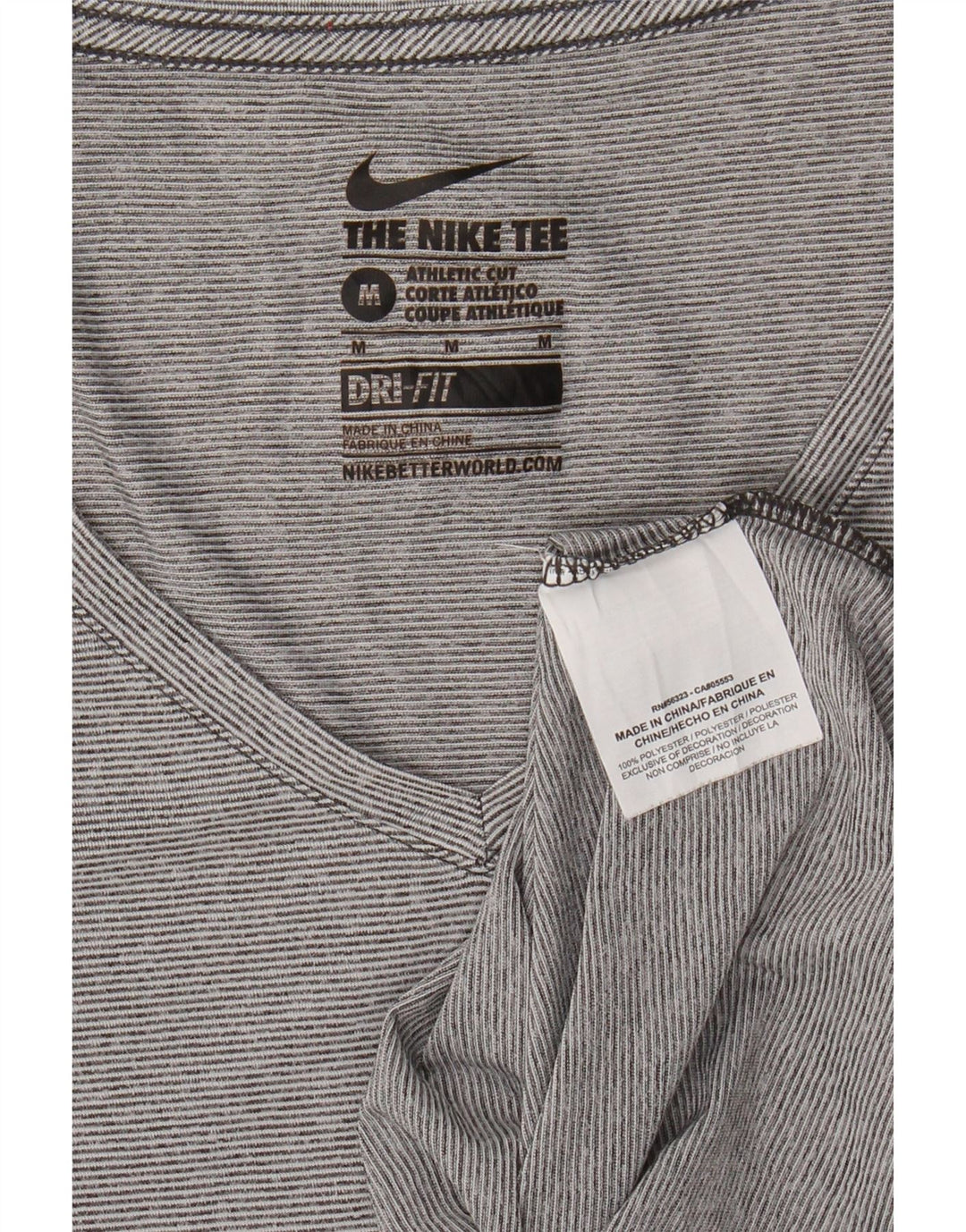 NIKE Womens Dri Fit T-Shirt Top UK 12 Medium Grey Pinstripe Polyester Vintage Nike and Second-Hand Nike from Messina Hembry 