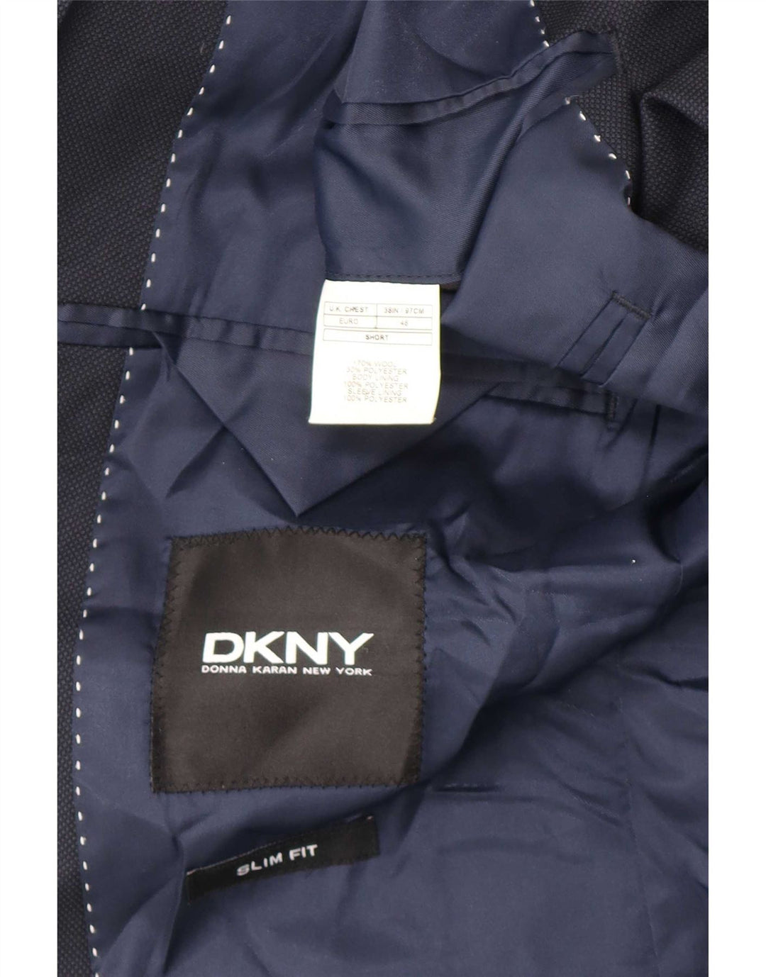 Giacca blazer slim fit da uomo Dkny a 2 bottoni EU 46 piccola in lana blu navy