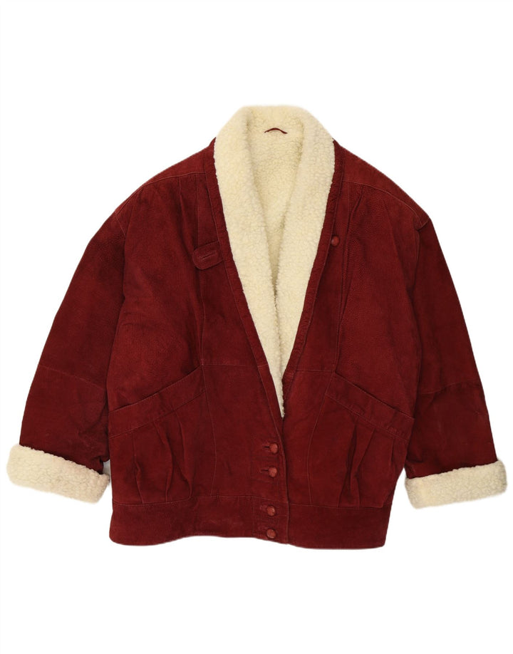 Giacca vintage in pelle scamosciata oversize Sherpa da donna UK 16 grande in pelle bordeaux