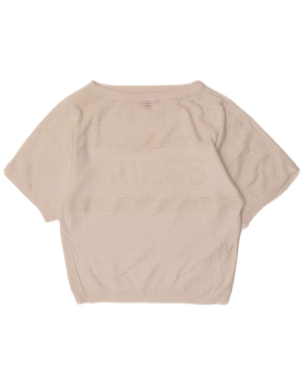Guess Maglione da donna con scollo a barca a maniche corte con grafica grafica UK 6 XS Bianco