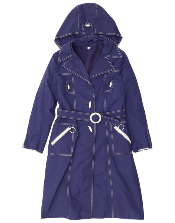 Trench vintage con cappuccio per ragazze 11-12 anni in poliestere blu navy