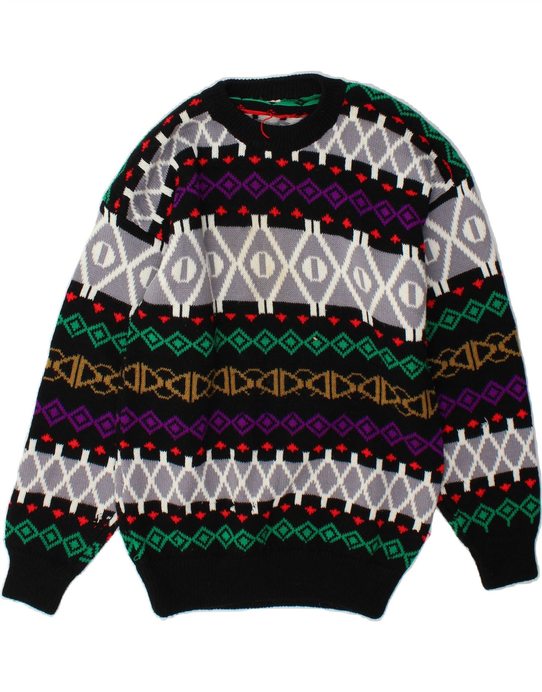 VINTAGE Mens Crew Neck Jumper Sweater Medium Black Fair Isle Vintage Vintage and Second-Hand Vintage from Messina Hembry 