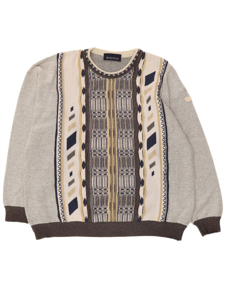 Bueckle Maglione da uomo con scollo a barca Maglione grande grigio geometrico