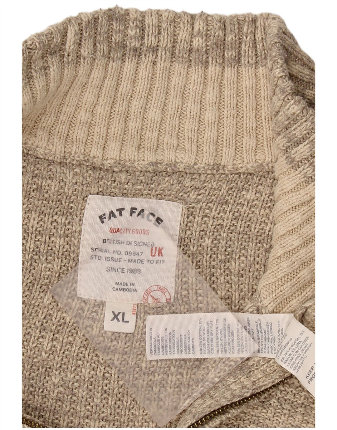 FAT FACE Maglione da uomo con zip e collo XL in cotone grigio