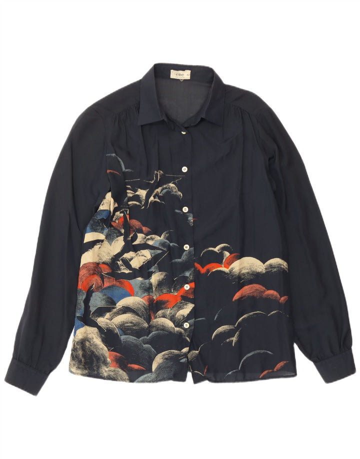 Camicia grafica da donna vintage IT 42 Acetato medio blu navy