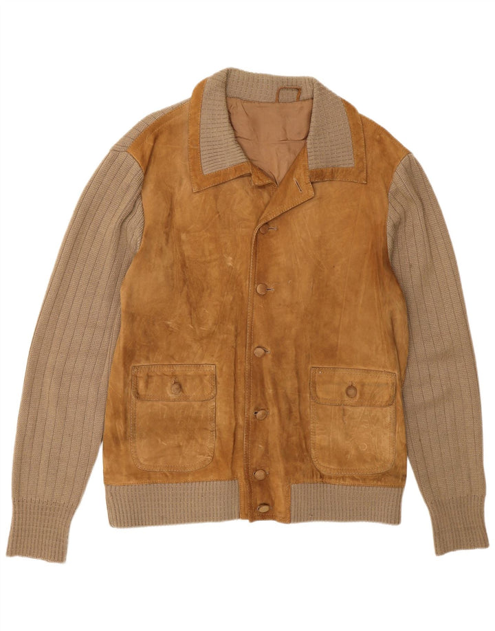 Giubbotto bomber lavorato a maglia vintage da uomo UK 38 Marrone medio