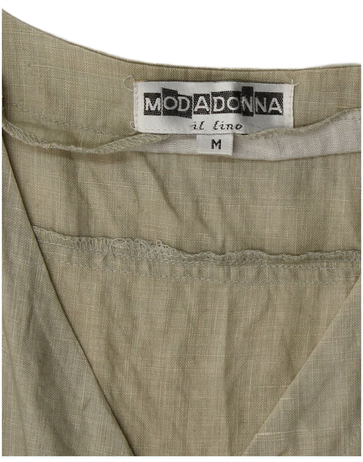 Tutina corta senza maniche da donna vintage UK 12 Lino kaki medio