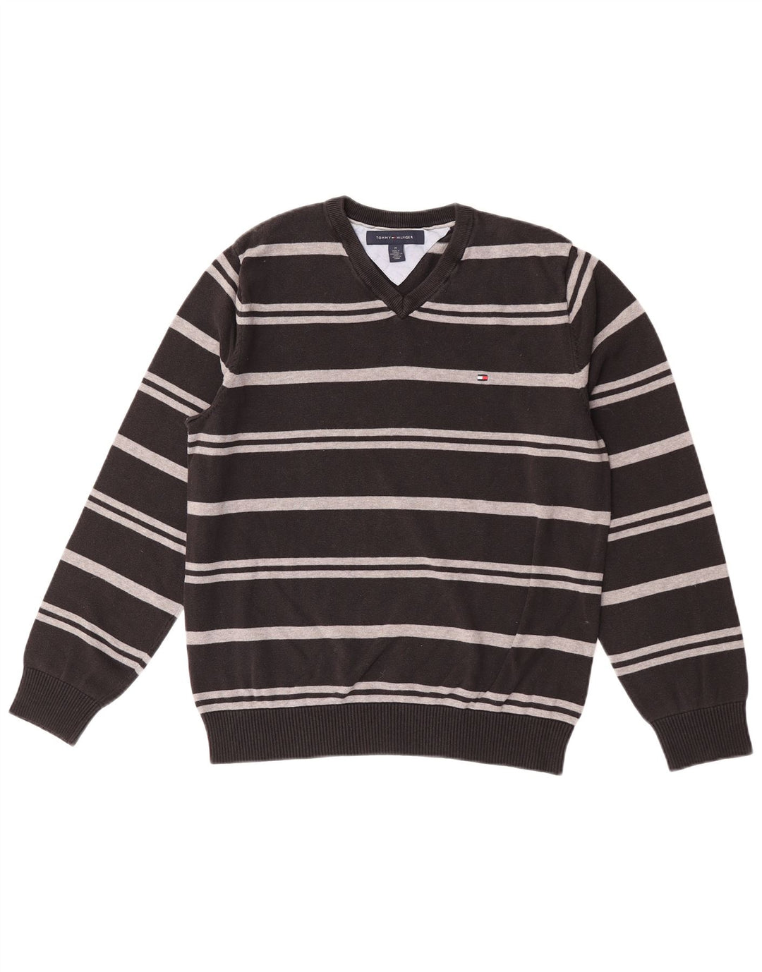 Tommy Hilfiger Uomo Maglione con scollo a V Maglione in cotone a righe nere medie