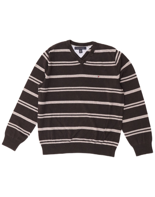 Tommy Hilfiger Mens V-Neck Jumper Sweater Medium Black Striped Cotton