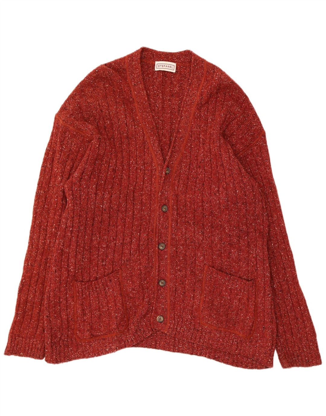 Maglione cardigan da donna Stefanel UK 16 grande lana screziata rossa