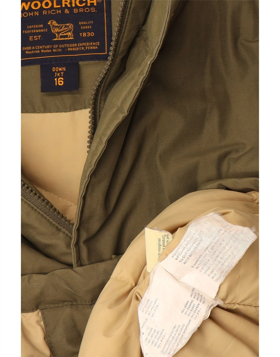 Giacca imbottita con cappuccio da bambino Woolrich 15-16 anni in cotone verde
