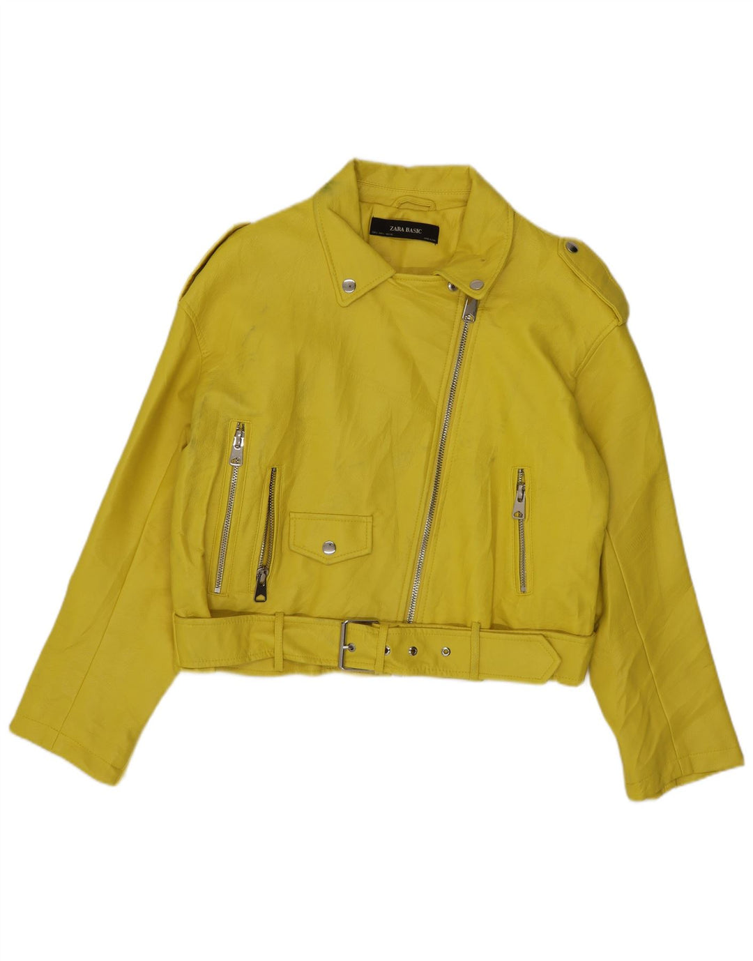 Giacca da motociclista corta in ecopelle da donna Zara UK 16 grande poliestere giallo