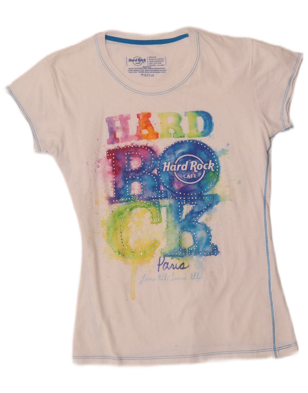 T-shirt grafica da donna Hard Rock Cafe Paris UK 12 cotone bianco medio