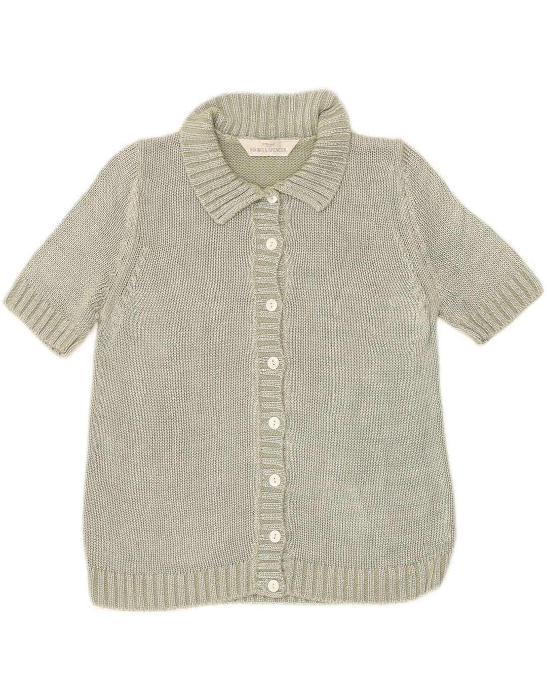 MARKS & SPENCER Womens Short Sleeve Cardigan Sweater UK 12 Medium Green Vintage Marks & Spencer and Second-Hand Marks & Spencer from Messina Hembry 