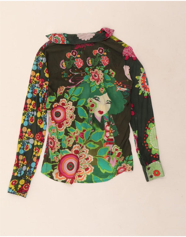 Desigual Donna Camicia Camicetta UK 10 Piccolo Verde Floreale Cotone