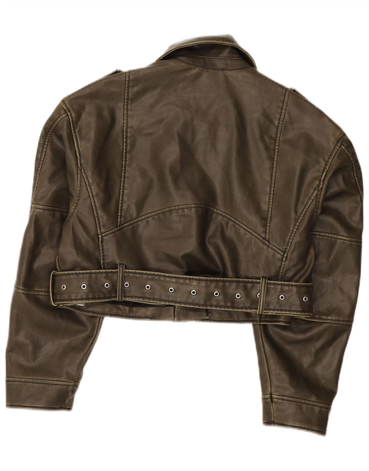 Giacca da motociclista in ecopelle corta da donna Zara UK 14 Poliestere verde medio