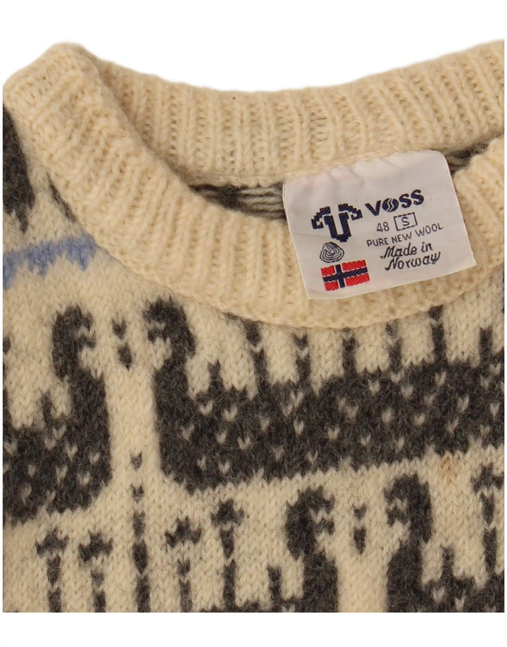 Maglione maglione con scollo a barca da donna VOSS UK 10 piccolo lana Fair Isle bianco sporco