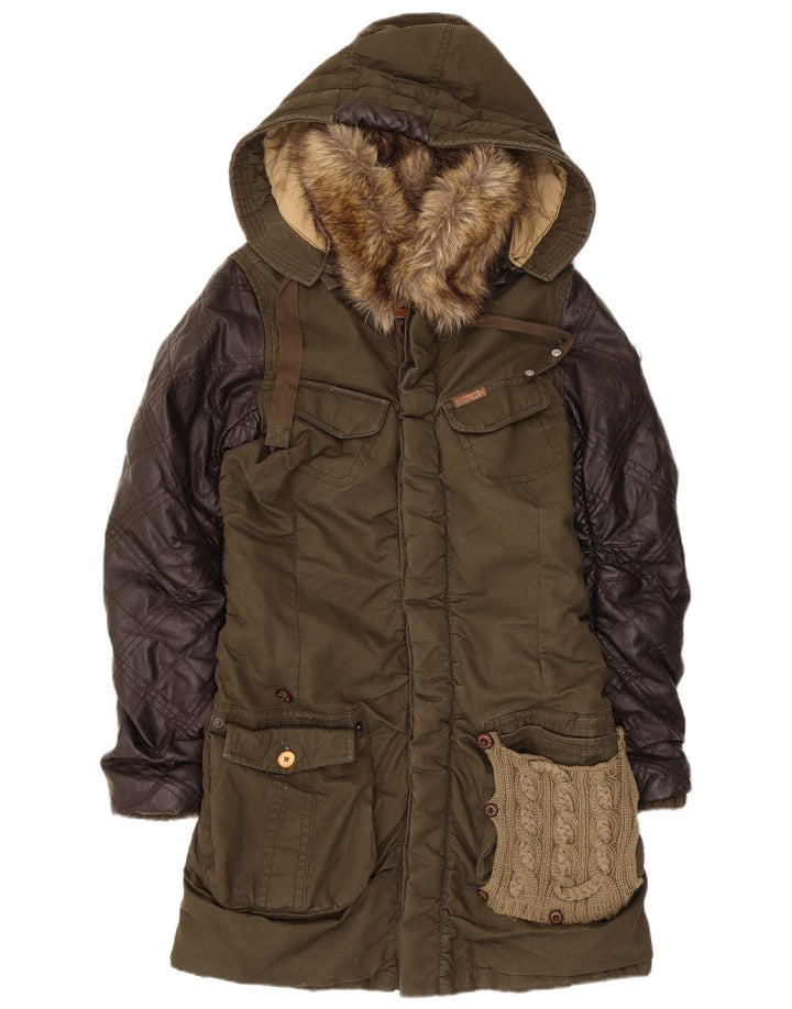 Giacca parka con cappuccio da donna KHUJO UK 14 grande poliestere color block kaki