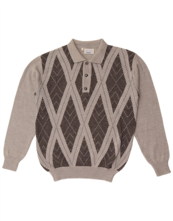 Maglione vintage da uomo con collo alto IT 52 Lana grande grigio a rombi/diamante